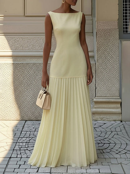Stella | Pleated evening maxi dress with boat neck gauze