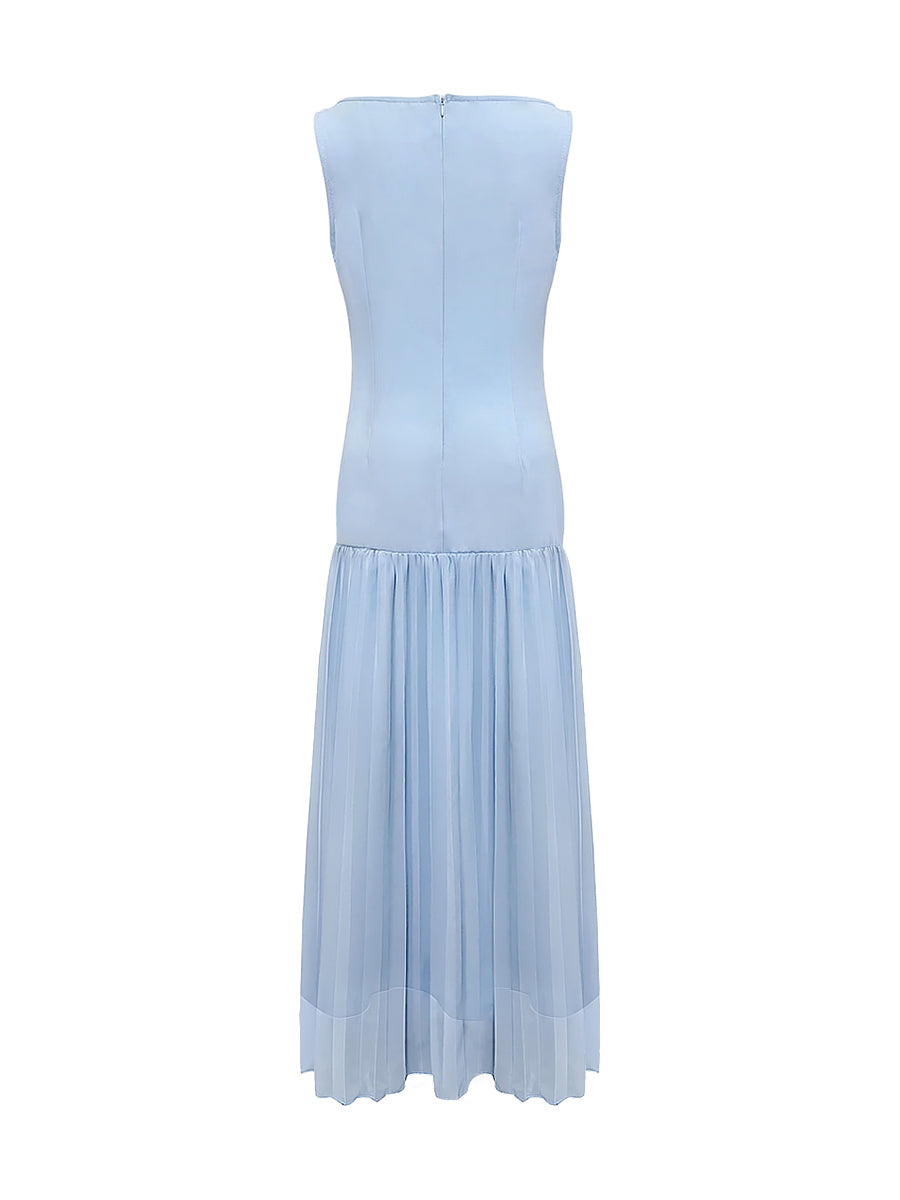 Stella | Pleated evening maxi dress with boat neck gauze