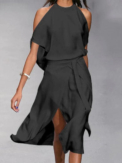 Talia | Women midi dress with halter neckline and flowy skirt