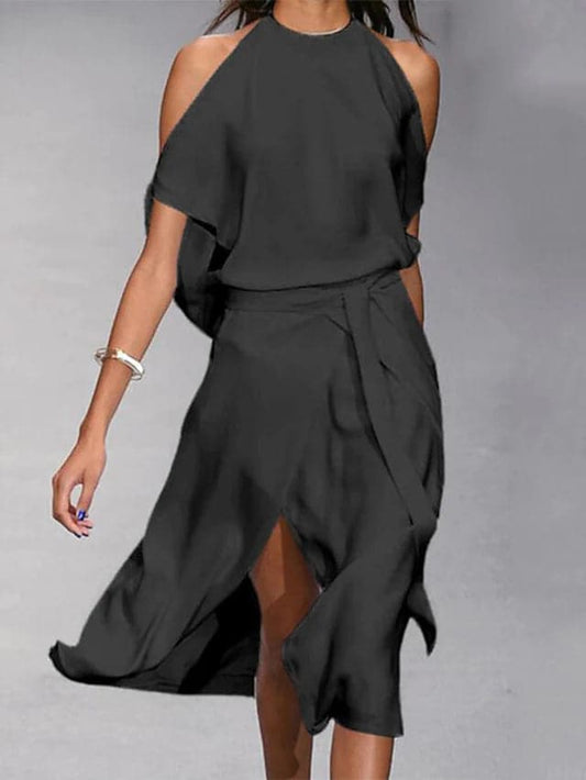 Talia | Women midi dress with halter neckline and flowy skirt