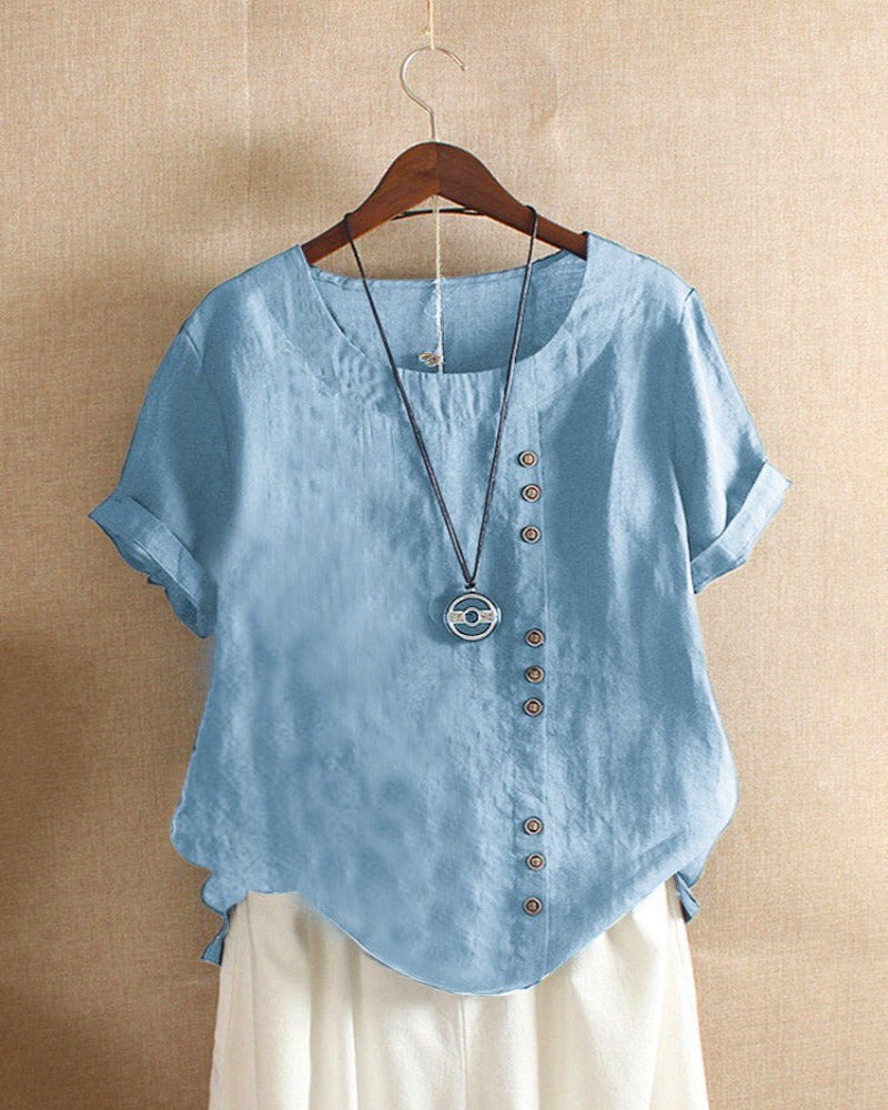 Xaria | Women’s Elegant  Round-Neck Blouse  with Short-Sleeve | Button