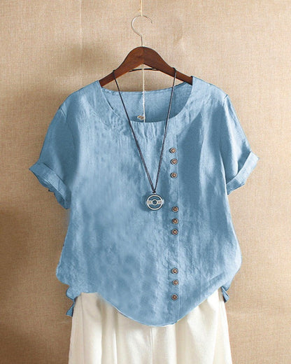 Xaria | Women’s Elegant  Round-Neck Blouse  with Short-Sleeve | Button