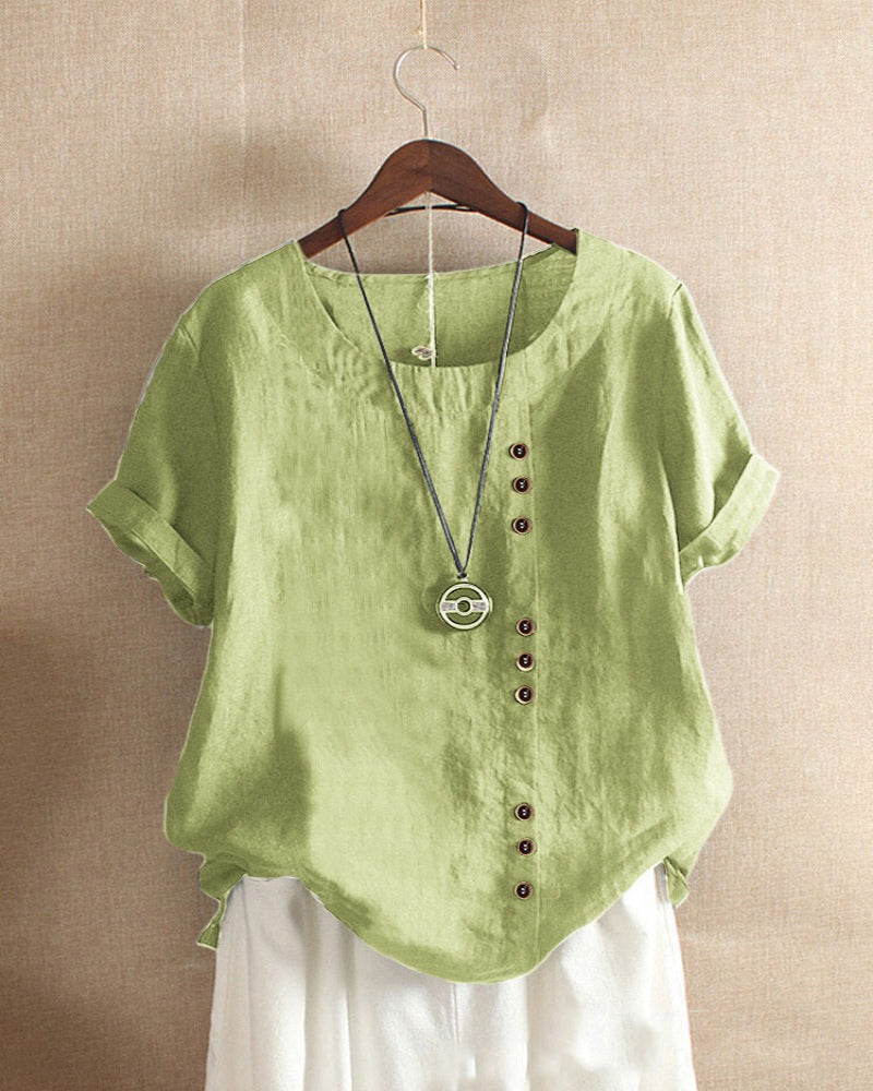 Xaria | Women’s Elegant  Round-Neck Blouse  with Short-Sleeve | Button
