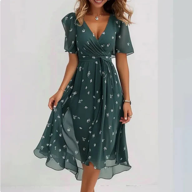 Lorveta | Women V Neck Midi Dress with Short Sleeves and Flowy Wrap Design