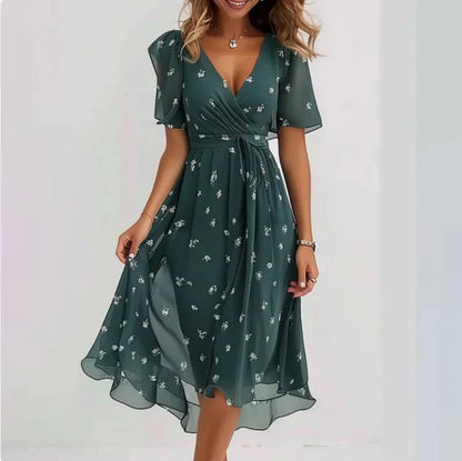 Lorveta | Women V Neck Midi Dress with Short Sleeves and Flowy Wrap Design