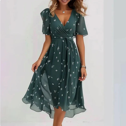 Lorveta | Women V Neck Midi Dress with Short Sleeves and Flowy Wrap Design