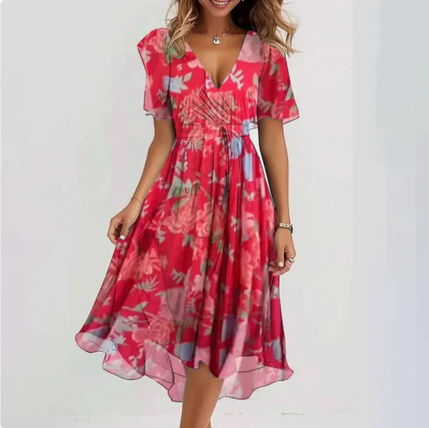 Lorveta | Women V Neck Midi Dress with Short Sleeves and Flowy Wrap Design