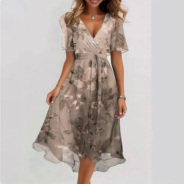 Lorveta | Women V Neck Midi Dress with Short Sleeves and Flowy Wrap Design
