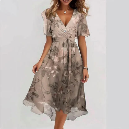 Lorveta | Women V Neck Midi Dress with Short Sleeves and Flowy Wrap Design