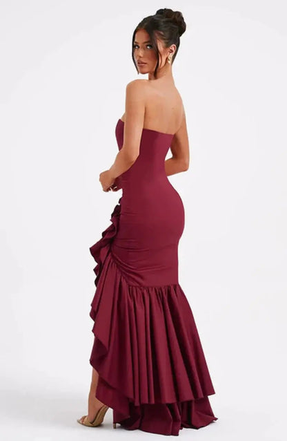 Primrose | Elegant strapless maxi dress with ruffle split