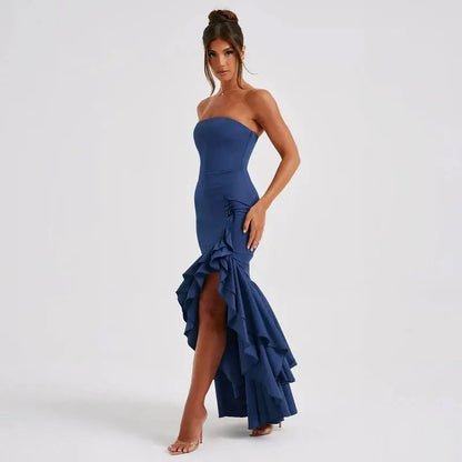 Primrose | Elegant strapless maxi dress with ruffle split