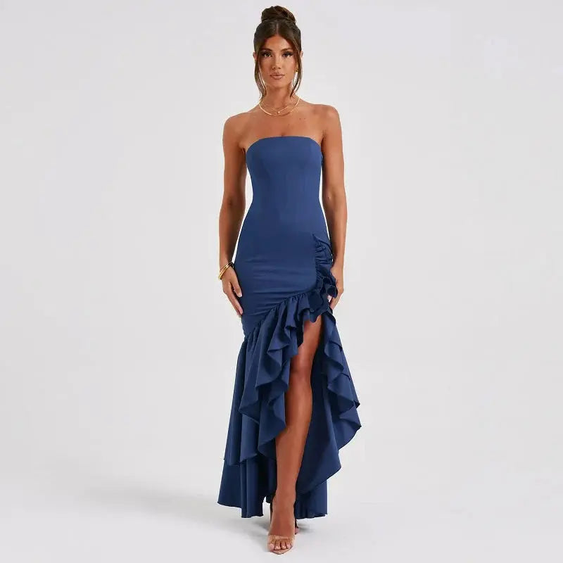 Primrose | Elegant strapless maxi dress with ruffle split