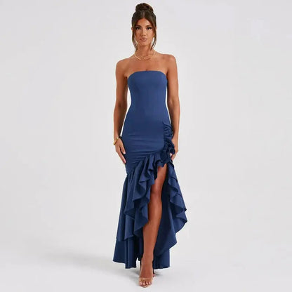 Primrose | Elegant strapless maxi dress with ruffle split
