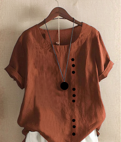 Xaria | Women’s Elegant  Round-Neck Blouse  with Short-Sleeve | Button