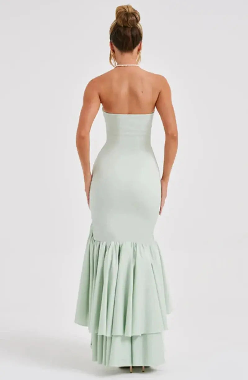 Primrose | Elegant strapless maxi dress with ruffle split