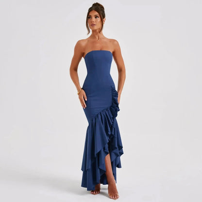 Primrose | Elegant strapless maxi dress with ruffle split