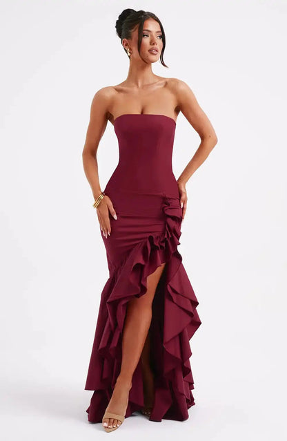 Primrose | Elegant strapless maxi dress with ruffle split