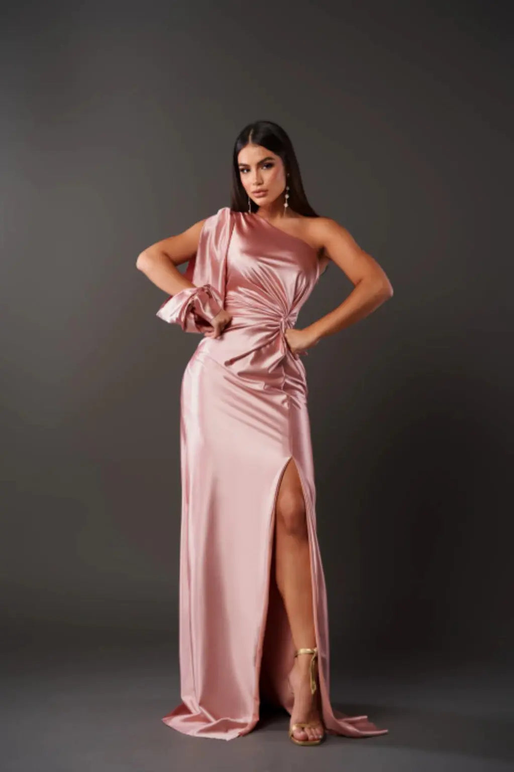 Monroe | One shoulder maxi dress with draped sleeve slit
