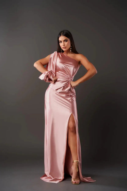 Monroe | One shoulder maxi dress with draped sleeve slit