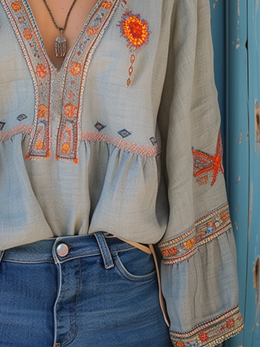 Vera | Women blouse with embroidered detail and V-neck design