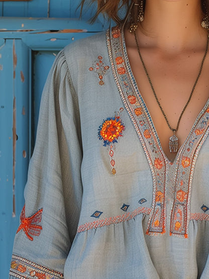 Vera | Women blouse with embroidered detail and V-neck design