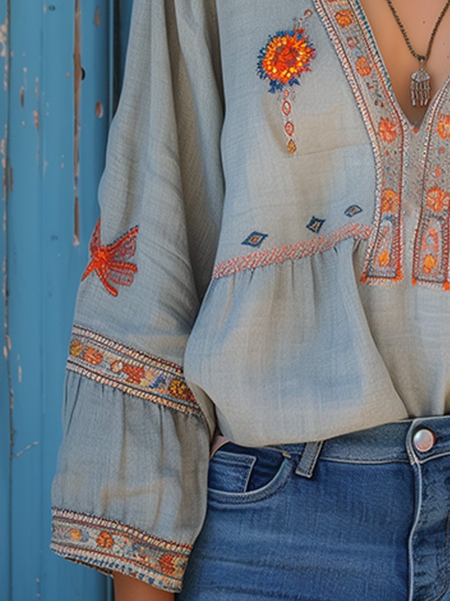 Vera | Women blouse with embroidered detail and V-neck design