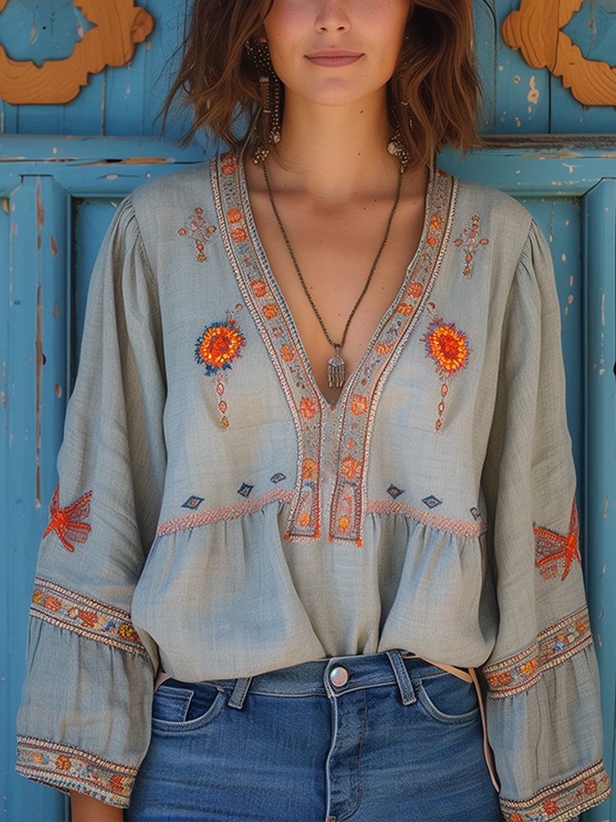 Vera | Women blouse with embroidered detail and V-neck design