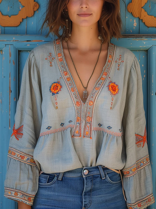Vera | Women blouse with embroidered detail and V-neck design