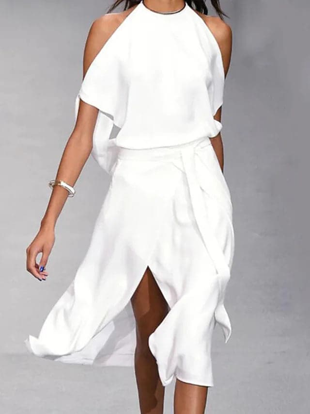 Talia | Women midi dress with halter neckline and flowy skirt