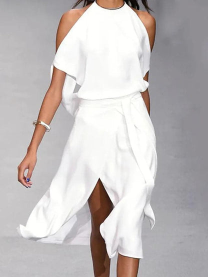Talia | Women midi dress with halter neckline and flowy skirt