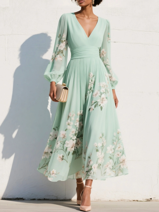 Monica | Women’s Floral Midi Dress With V Neck Long Sleeves
