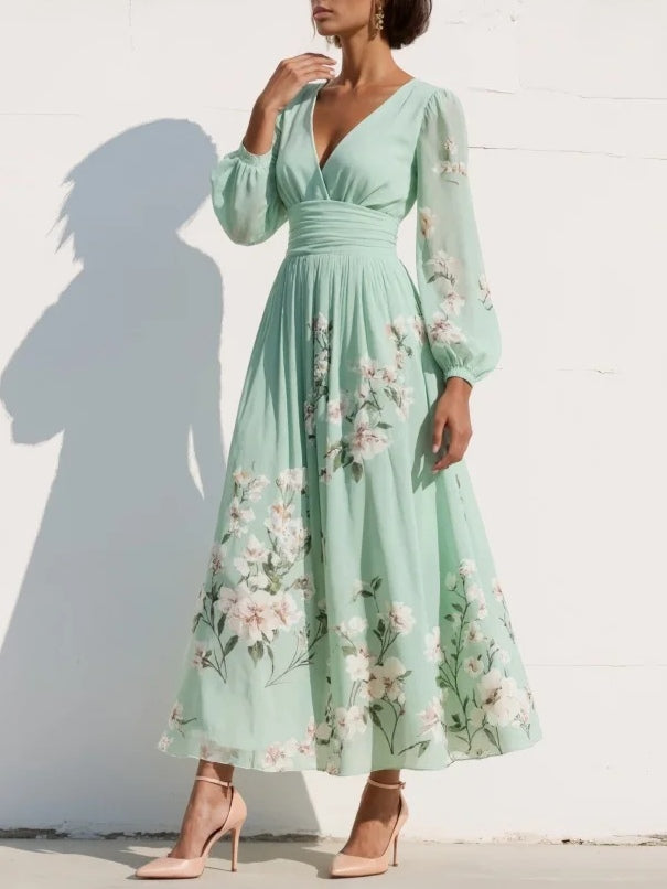Monica | Women’s Floral Midi Dress With V Neck Long Sleeves