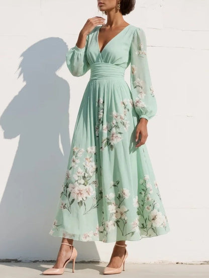Monica | Women’s Floral Midi Dress With V Neck Long Sleeves