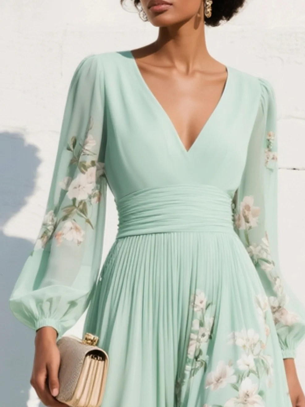 Monica | Women’s Floral Midi Dress With V Neck Long Sleeves