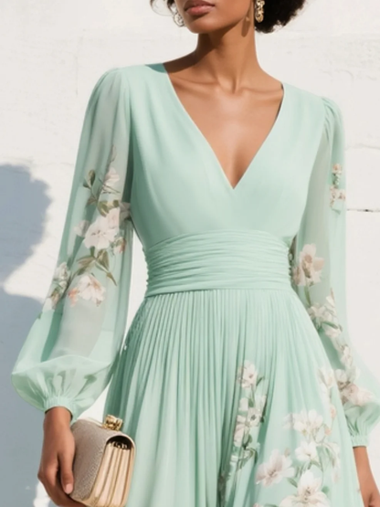 Monica | Women’s Floral Midi Dress With V Neck Long Sleeves