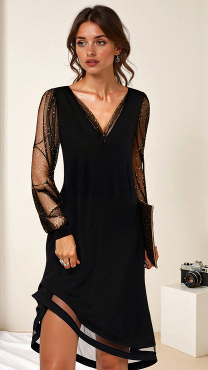 Evelyn | V Neck Mini Dress with Sheer Long Sleeves