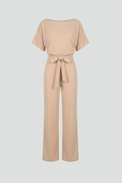 Olive | Women’s Wide Leg Jumpsuit With Short Sleeve Belted Style