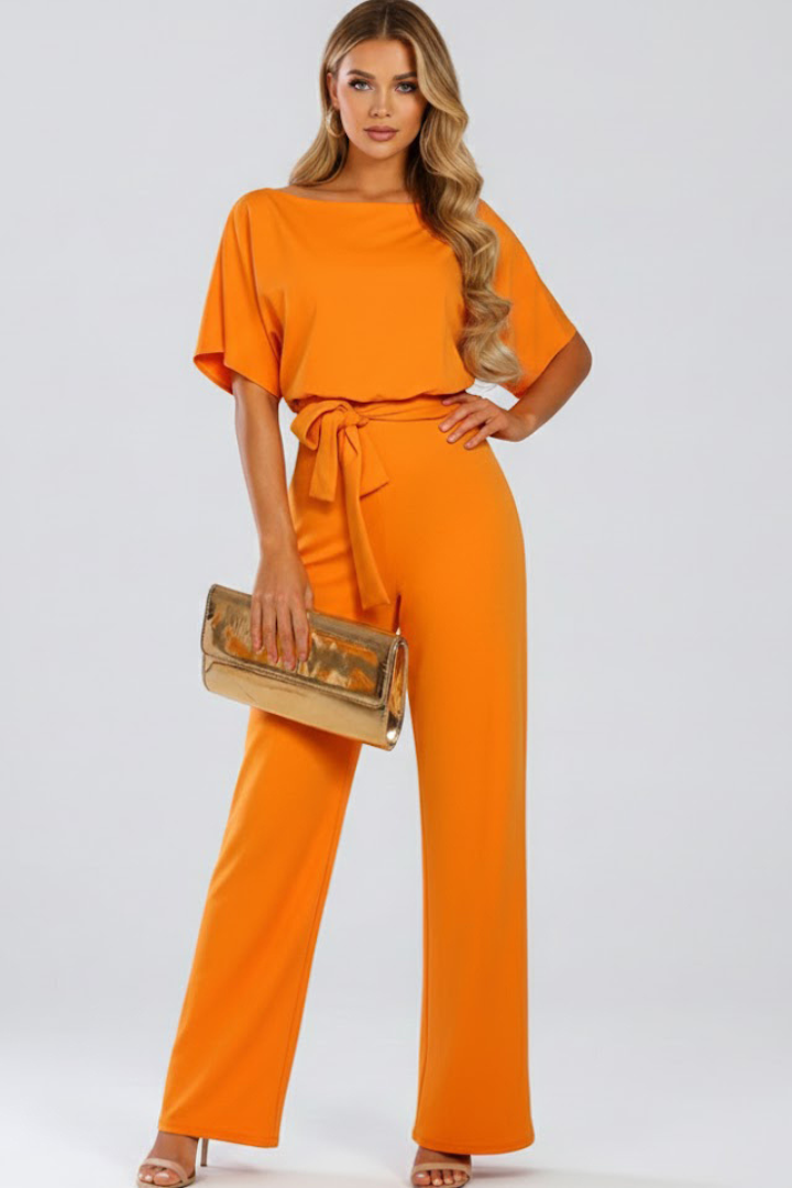Olive | Women’s Wide Leg Jumpsuit With Short Sleeve Belted Style