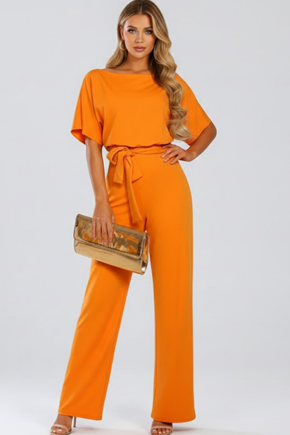 Olive | Women’s Wide Leg Jumpsuit With Short Sleeve Belted Style