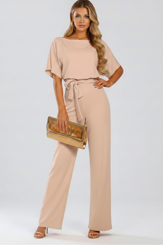 Olive | Women’s Wide Leg Jumpsuit With Short Sleeve Belted Style