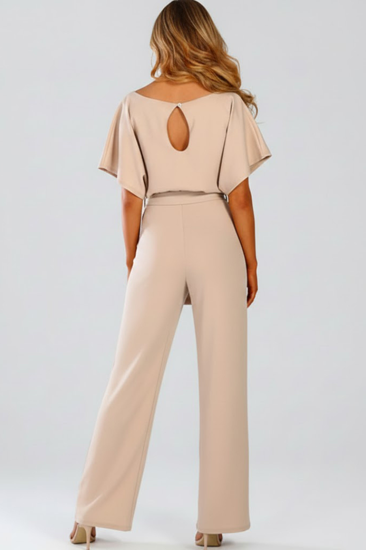 Olive | Women’s Wide Leg Jumpsuit With Short Sleeve Belted Style