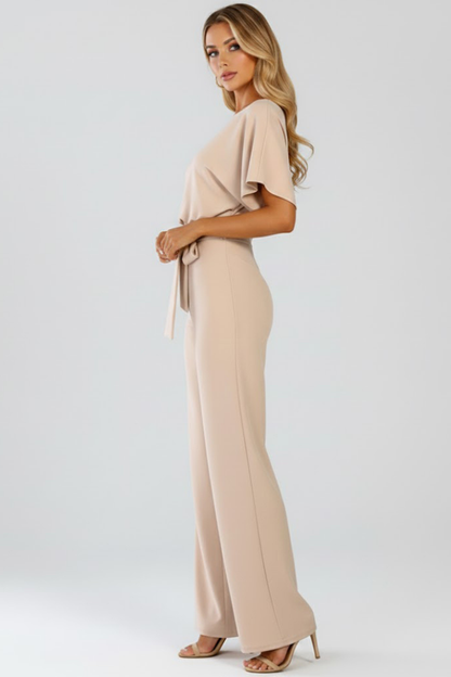 Olive | Women’s Wide Leg Jumpsuit With Short Sleeve Belted Style