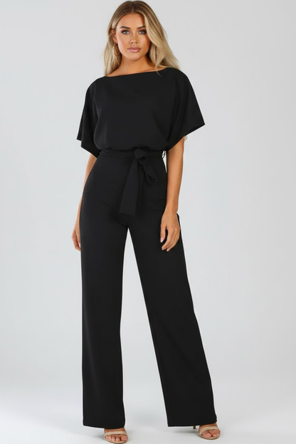 Olive | Women’s Wide Leg Jumpsuit With Short Sleeve Belted Style