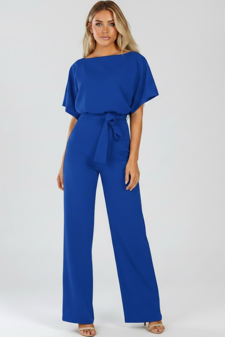 Olive | Women’s Wide Leg Jumpsuit With Short Sleeve Belted Style
