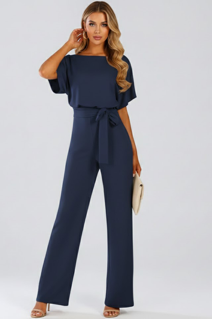 Olive | Women’s Wide Leg Jumpsuit With Short Sleeve Belted Style