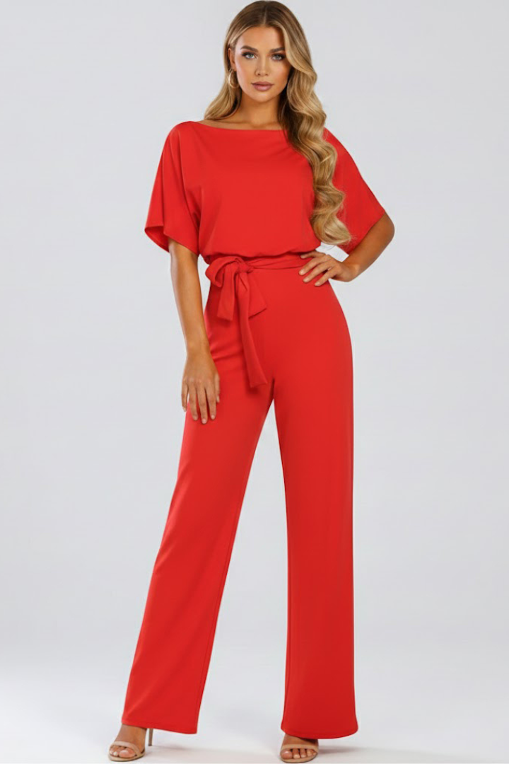 Olive | Women’s Wide Leg Jumpsuit With Short Sleeve Belted Style
