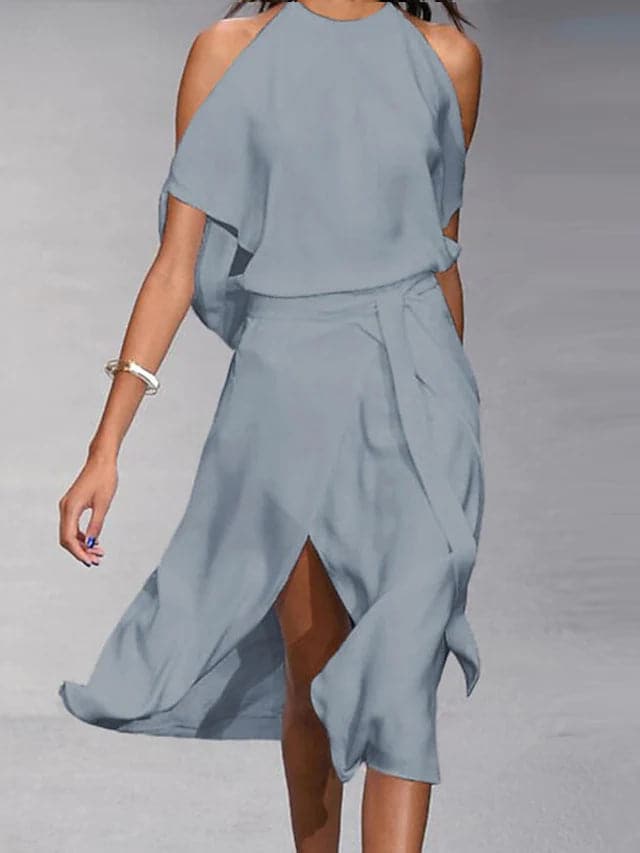 Talia | Women midi dress with halter neckline and flowy skirt