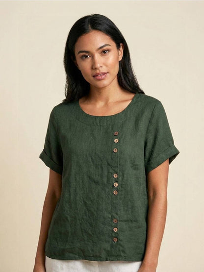 Rosalie | Women Linen Round Neck Blouse with Button Detail