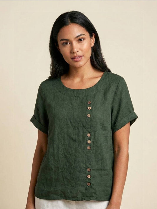 Rosalie | Women Linen Round Neck Blouse with Button Detail