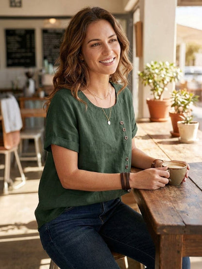 Rosalie | Women Linen Round Neck Blouse with Button Detail